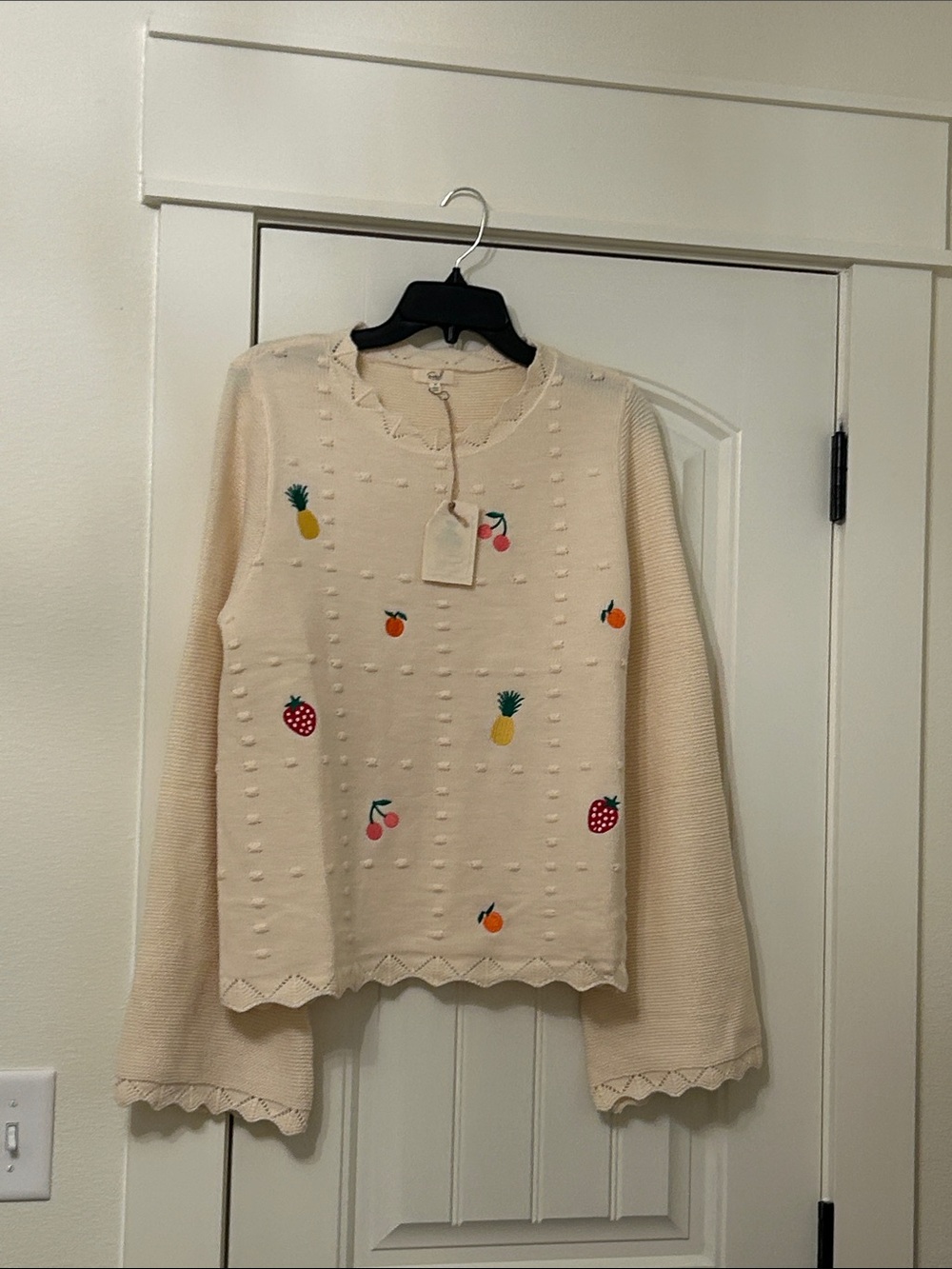 easel Cream Fruit-Embroidered Crewneck Sweater
